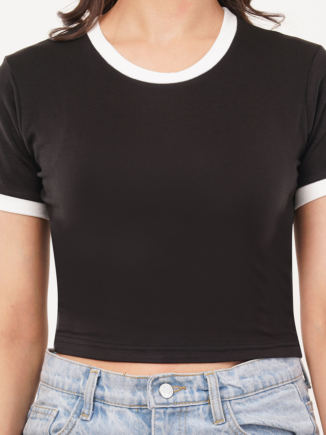 Clobug Women Cotton Blend Round Neck Short Sleeve Crop Top