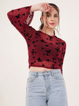 Clobug Women Printed Full Sleeve Round Neck Net Crop Top