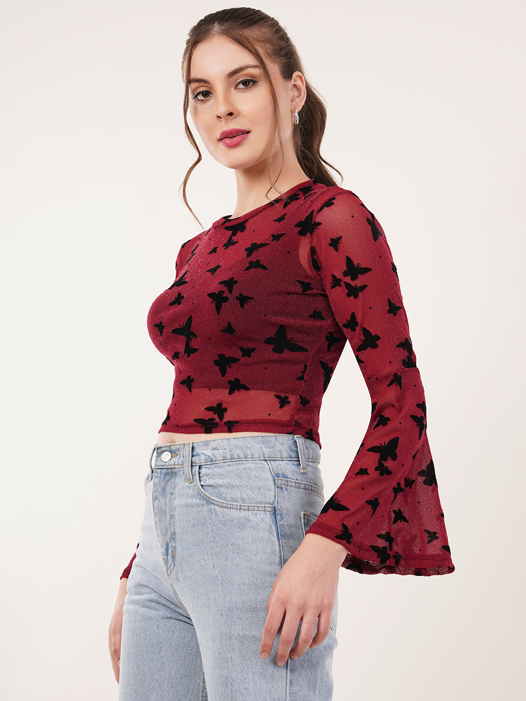 Clobug Women Printed Full Sleeve Round Neck Net Crop Top