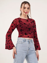 Clobug Women Printed Full Sleeve Round Neck Net Crop Top