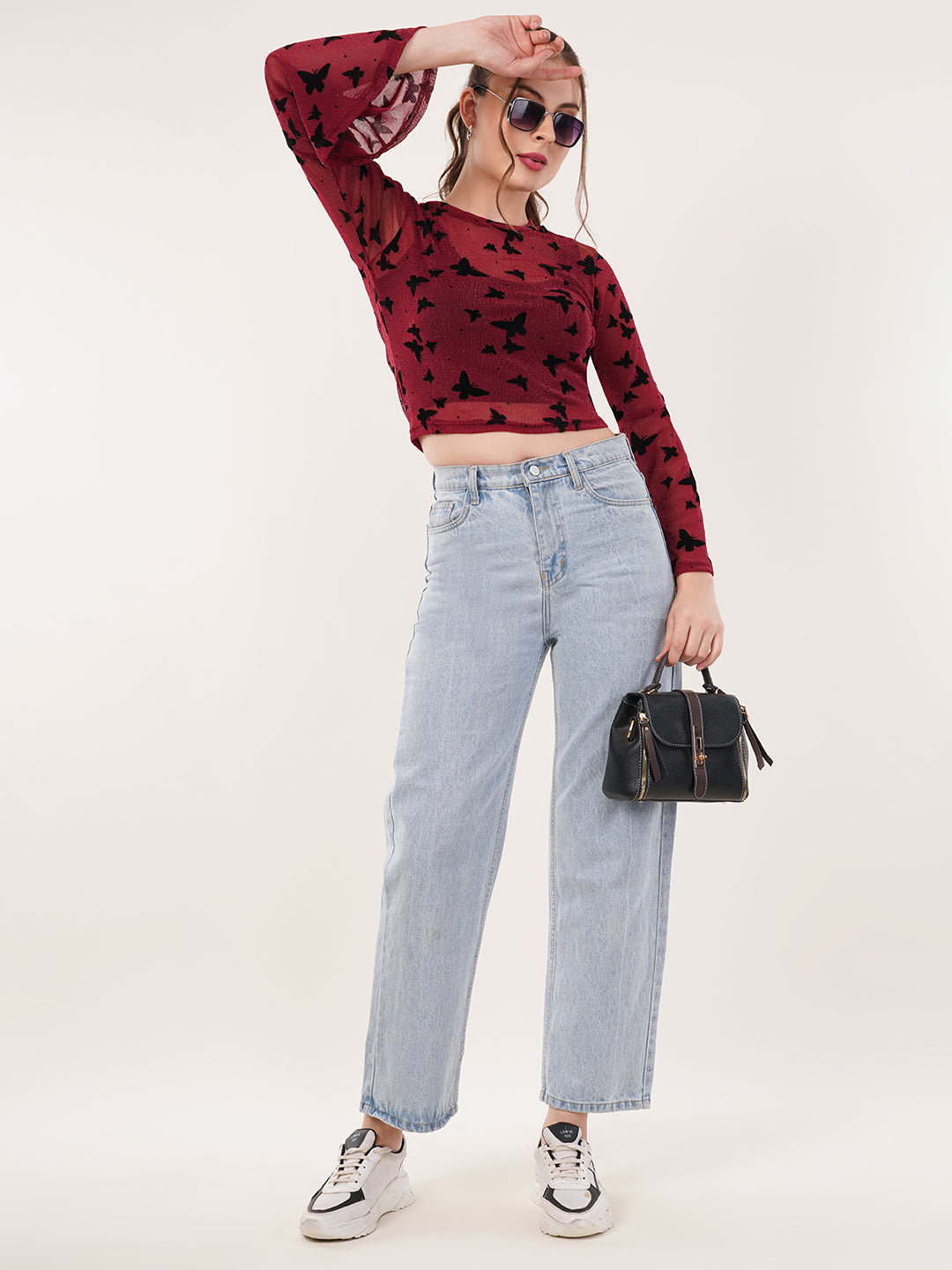 Clobug Women Printed Full Sleeve Round Neck Net Crop Top