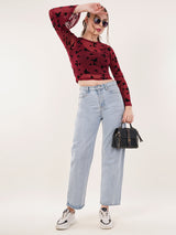 Clobug Women Printed Full Sleeve Round Neck Net Crop Top