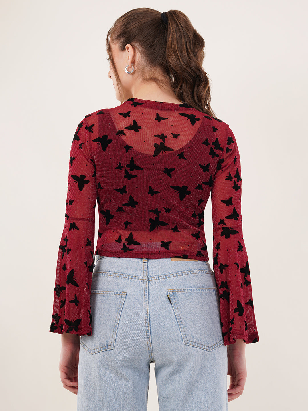 Clobug Women Printed Full Sleeve Round Neck Net Crop Top