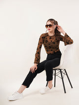 Clobug Women Printed Full Sleeve Round Neck Net Crop Top