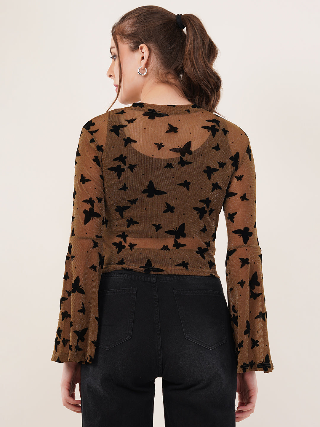 Clobug Women Printed Full Sleeve Round Neck Net Crop Top