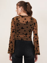 Clobug Women Printed Full Sleeve Round Neck Net Crop Top