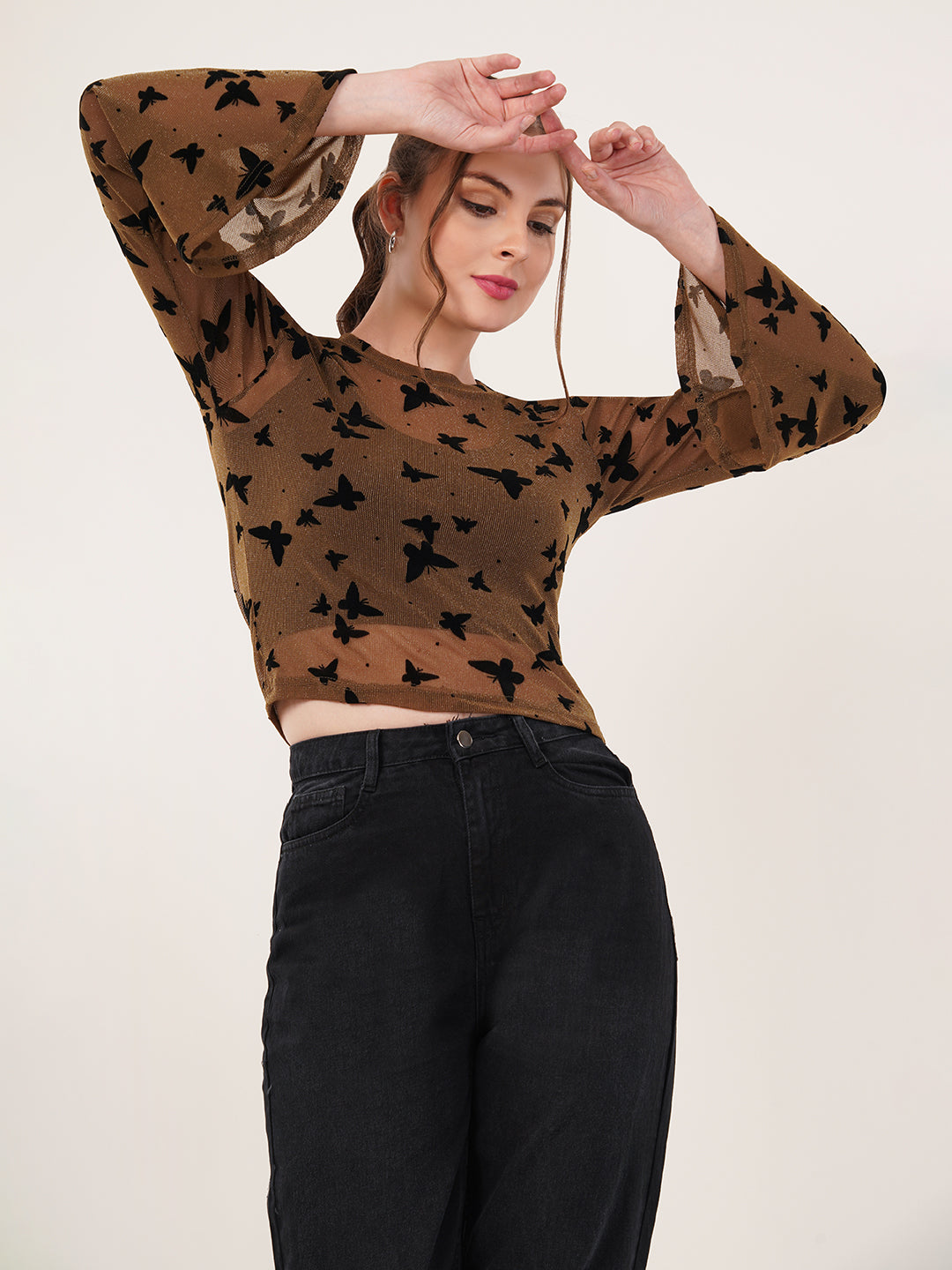 Clobug Women Printed Full Sleeve Round Neck Net Crop Top