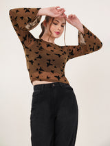 Clobug Women Printed Full Sleeve Round Neck Net Crop Top