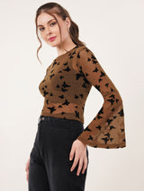 Clobug Women Printed Full Sleeve Round Neck Net Crop Top