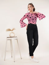 Clobug Women Printed Full Sleeve Round Neck Net Crop Top