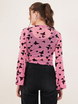Clobug Women Printed Full Sleeve Round Neck Net Crop Top