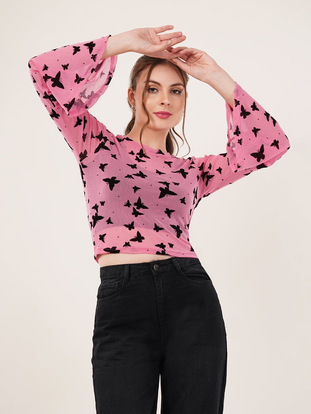 Clobug Women Printed Full Sleeve Round Neck Net Crop Top