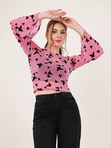 Clobug Women Printed Full Sleeve Round Neck Net Crop Top
