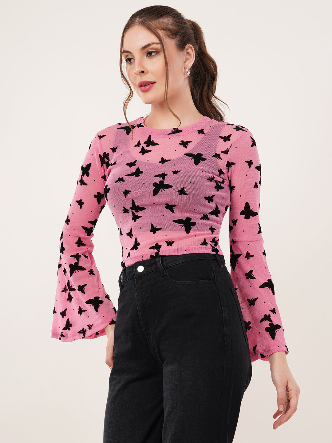 Clobug Women Printed Full Sleeve Round Neck Net Crop Top