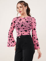 Clobug Women Printed Full Sleeve Round Neck Net Crop Top