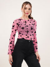 Clobug Women Printed Full Sleeve Round Neck Net Crop Top