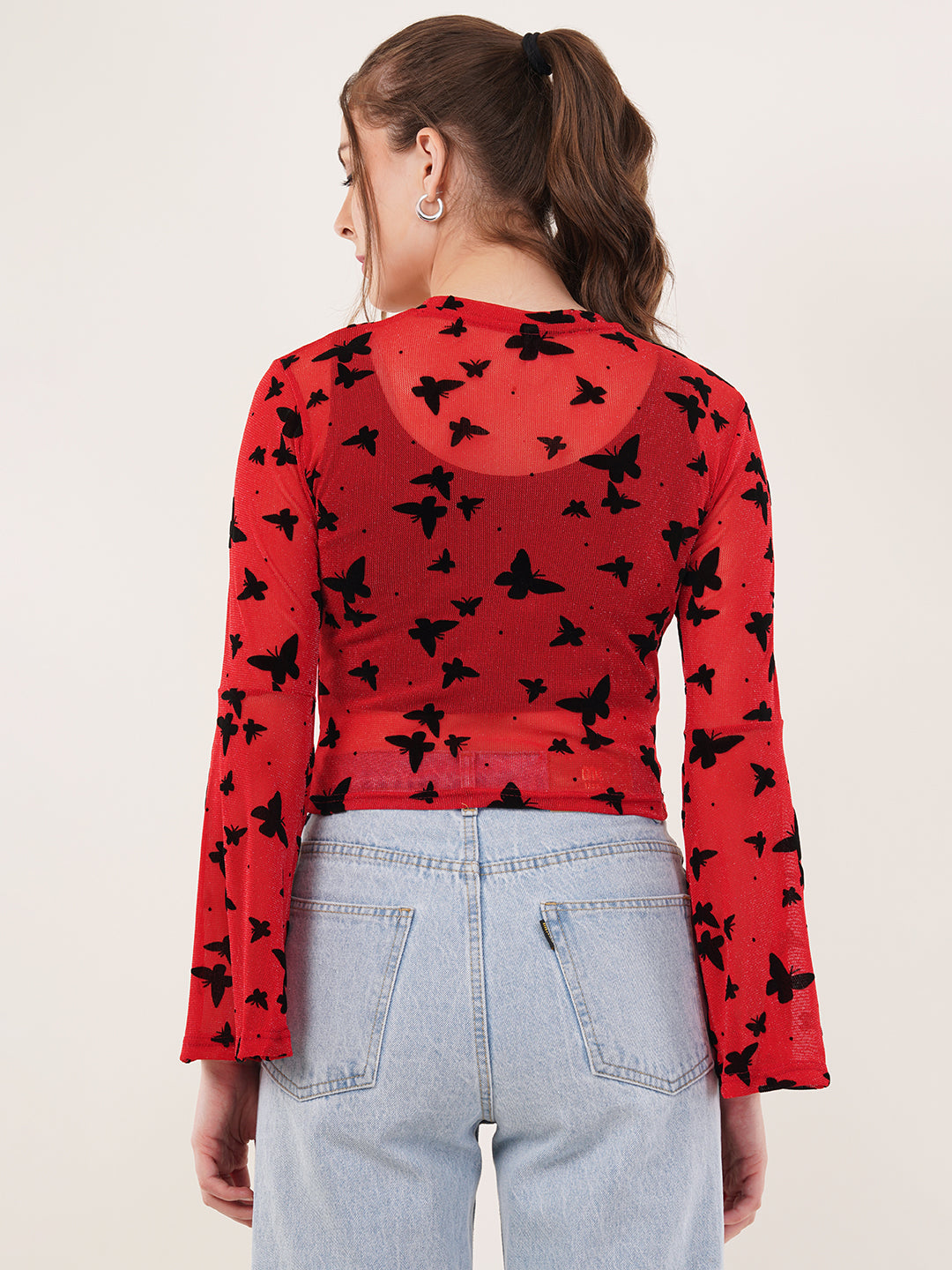 Clobug Women Printed Full Sleeve Round Neck Net Crop Top