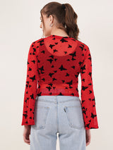Clobug Women Printed Full Sleeve Round Neck Net Crop Top