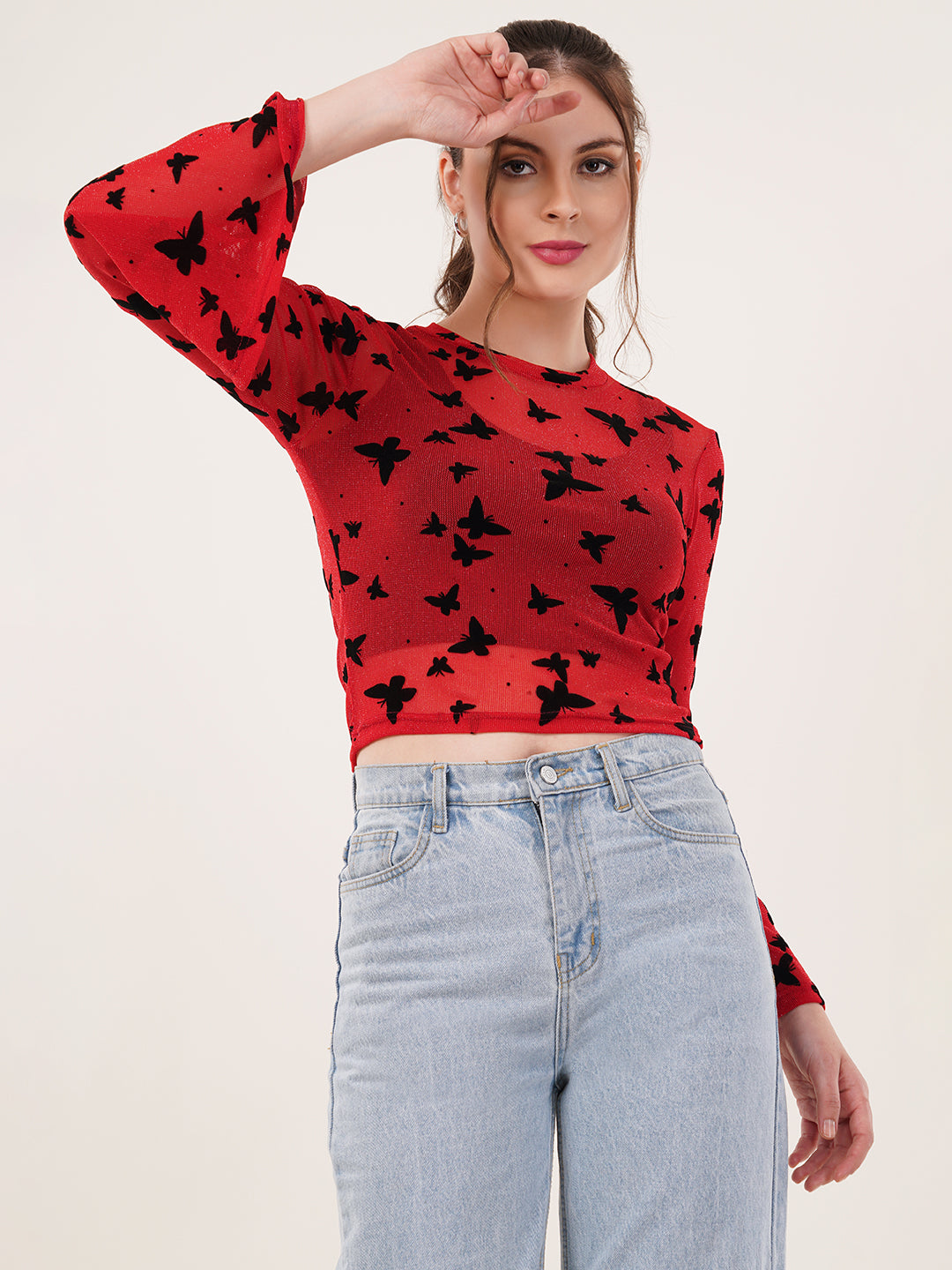 Clobug Women Printed Full Sleeve Round Neck Net Crop Top