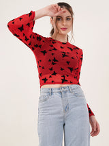 Clobug Women Printed Full Sleeve Round Neck Net Crop Top
