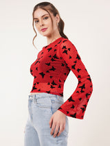 Clobug Women Printed Full Sleeve Round Neck Net Crop Top