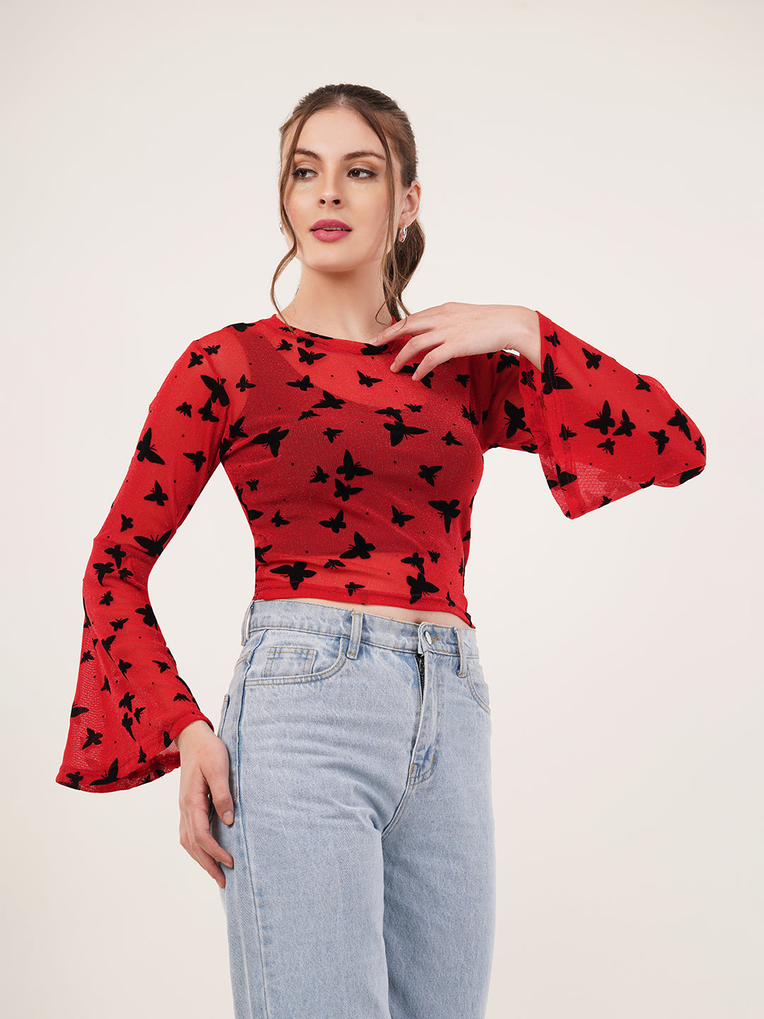 Clobug Women Printed Full Sleeve Round Neck Net Crop Top