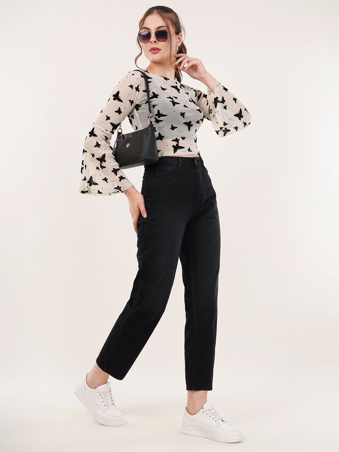 Clobug Women Printed Full Sleeve Round Neck Net Crop Top