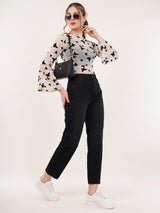 Clobug Women Printed Full Sleeve Round Neck Net Crop Top
