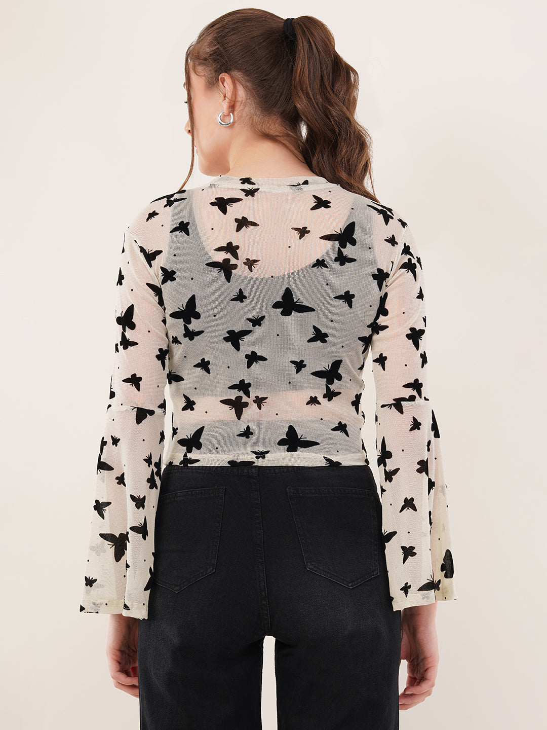 Clobug Women Printed Full Sleeve Round Neck Net Crop Top