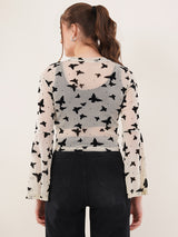 Clobug Women Printed Full Sleeve Round Neck Net Crop Top