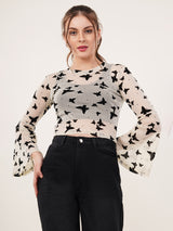 Clobug Women Printed Full Sleeve Round Neck Net Crop Top