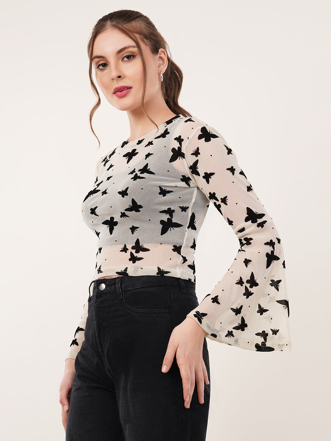 Clobug Women Printed Full Sleeve Round Neck Net Crop Top