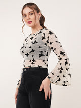 Clobug Women Printed Full Sleeve Round Neck Net Crop Top