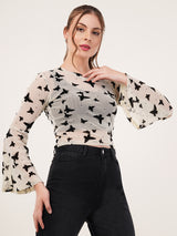 Clobug Women Printed Full Sleeve Round Neck Net Crop Top