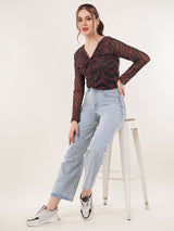Clobug Women Printed V neck Full Sleeve Crop Top