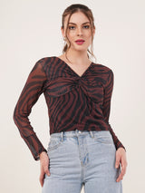 Clobug Women Printed V neck Full Sleeve Crop Top
