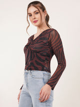 Clobug Women Printed V neck Full Sleeve Crop Top