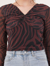 Clobug Women Printed V neck Full Sleeve Crop Top