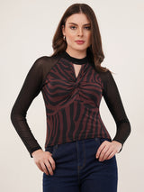 Clobug Women Printed Halter Neck Regular Mesh Top