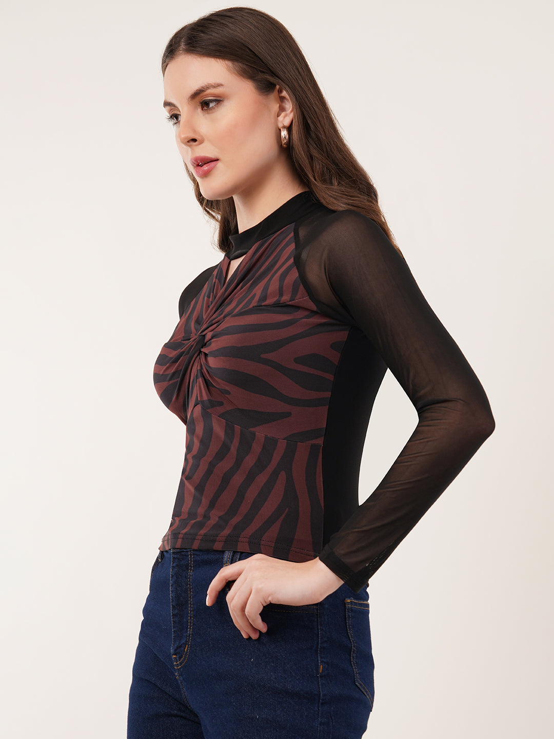 Clobug Women Printed Halter Neck Regular Mesh Top