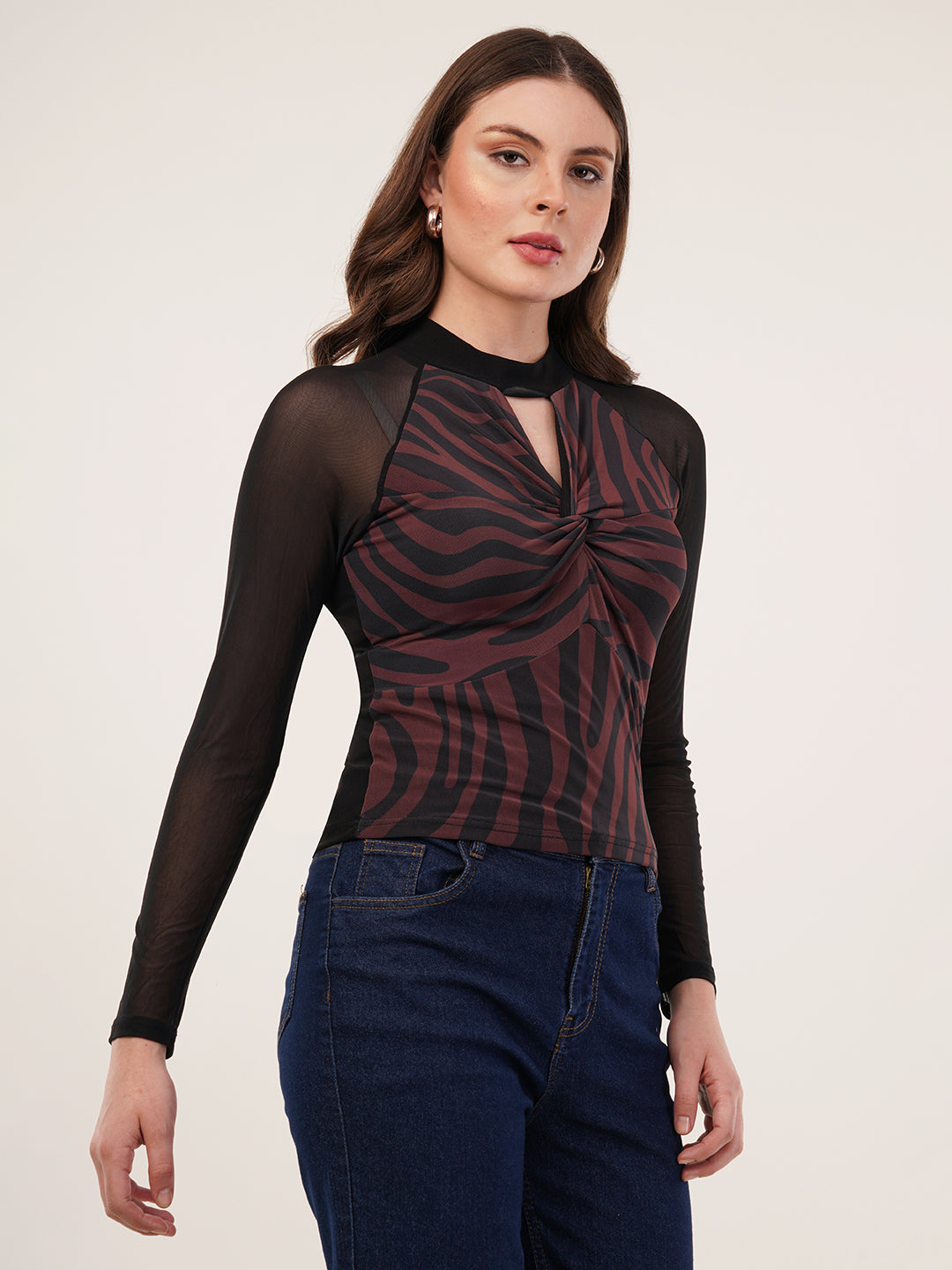 Clobug Women Printed Halter Neck Regular Mesh Top