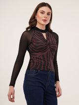 Clobug Women Printed Halter Neck Regular Mesh Top