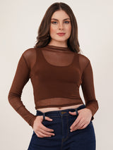 Clobug Women Printed High Neck Mesh Crop Top
