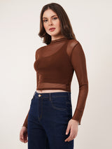 Clobug Women Full Sleeve High Neck Mesh Crop Top