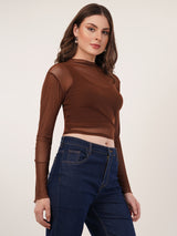 Clobug Women Full Sleeve High Neck Mesh Crop Top