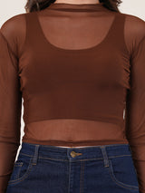 Clobug Women Full Sleeve High Neck Mesh Crop Top