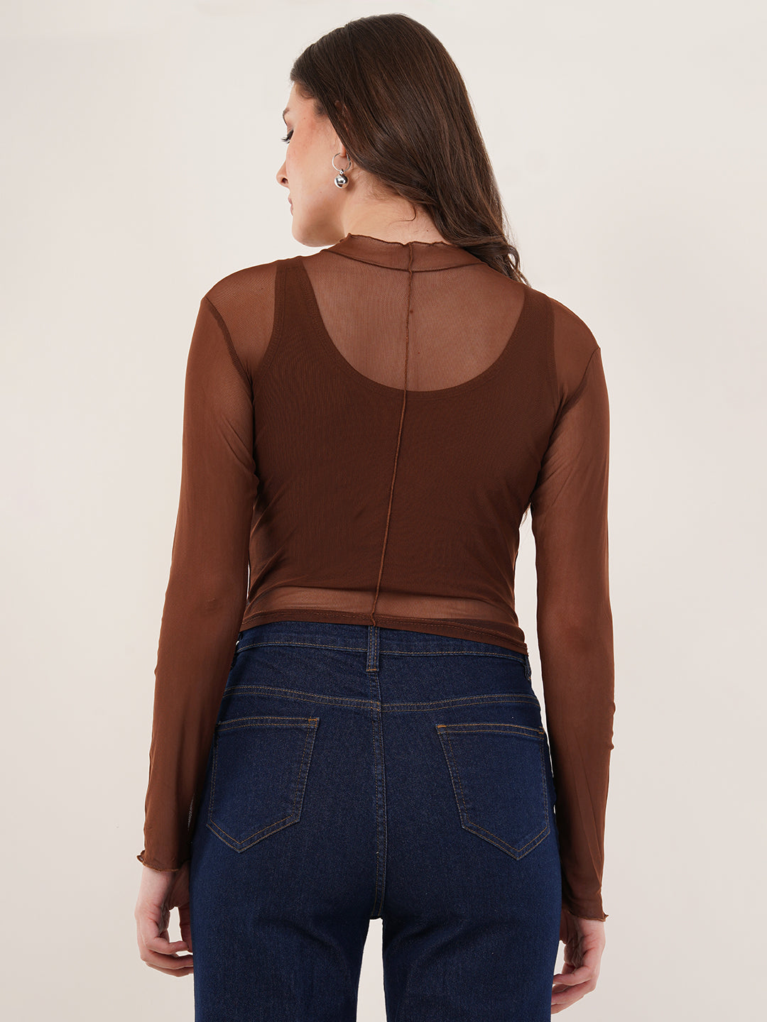 Clobug Women Full Sleeve High Neck Mesh Crop Top