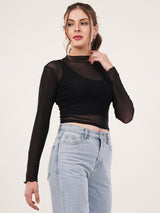 Clobug Women Printed High Neck Mesh Crop Top