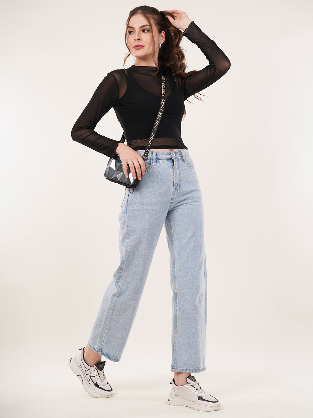 Clobug Women Full Sleeve High Neck Mesh Crop Top