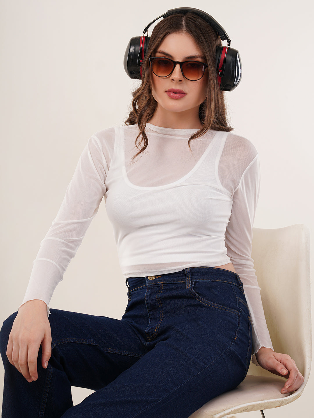 Clobug Women Full Sleeve High Neck Mesh Crop Top